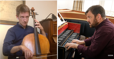 Principal Cello Jonathan Manson wears earphones to hear the recording of the harpsichord while he is playing