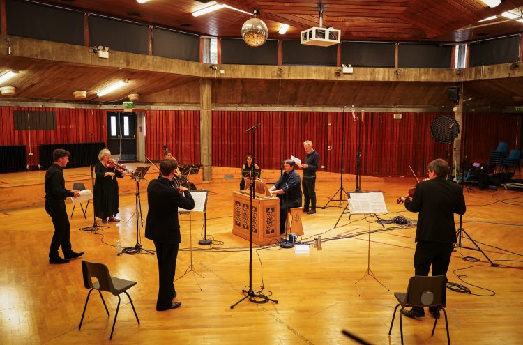 OAE and Mark Padmore recording music in the Acland Burghley School Hall